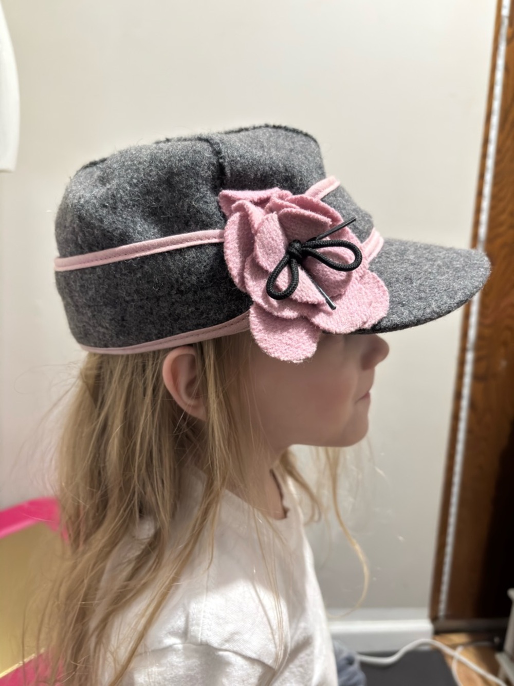 Stormy Kromer Vintage Wool Paper Boy Hat Cap with Pink Floral Appliqué Accent